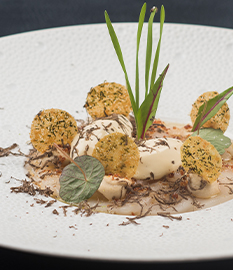 Noix de Saint-Jacques aux quenelles glacées, croquant au parmesan, crème de noix et truffe