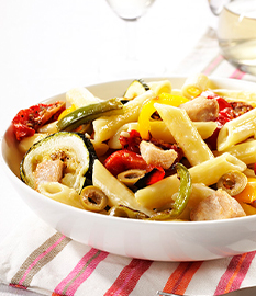 Penne with roasted vegetables, chicken and brie
