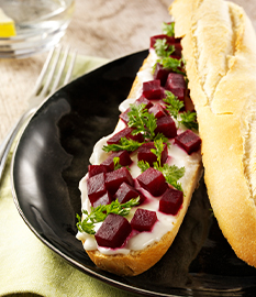 Petit pain with soft goat’s cheese, beetroot and chervil