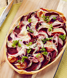 Flammkuchen with Gouda cheese, beetroot and courgette