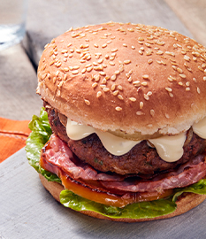 Home-made hamburger with aged cheese