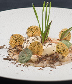 Scallops with ice cream quenelles and a Parmesan crisp, nut cream and truffle