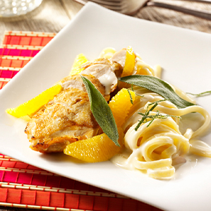 Linguine prepared in a creamy brie sauce with corn-fed chicken, sage and orange