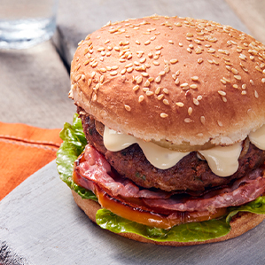 Home-made hamburger with aged cheese