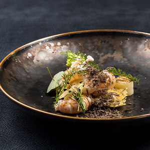 Ravioli met gerijpte kaas, langoustines en wintertruffel